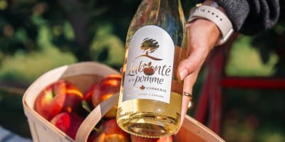 Basket of apples and bottle of cider.