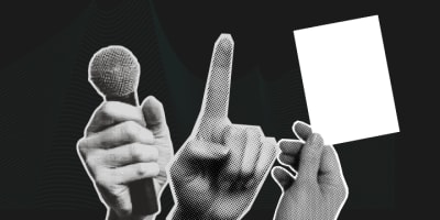 Three hands holding a microphone and a ballot.