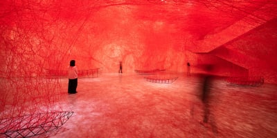 View of the work by Chiharu Shiota, Uncertain Journey [Voyage incertain] at Montre3al Museum of Fine Arts