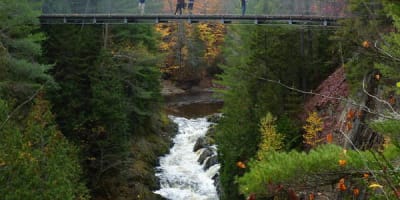 Passerelle suspendues à l'automne au-dessous des cascades. 