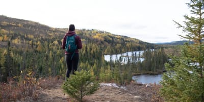 Une femme en randonnée au Parc national des Grands-Jardins, en automne.