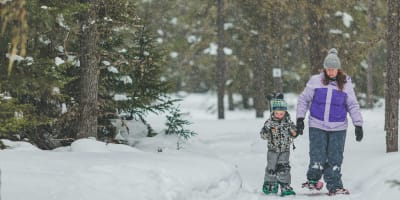 Lac Taureau Regional Park - A woman and child snowshoeing in the forest