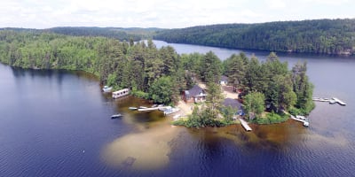 Aerial view of the Pourvoirie Lac Dumoulin island.
