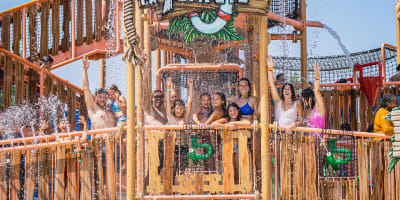 A group at a water feature. 