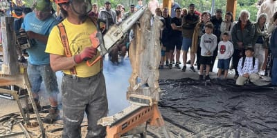 Symposium de sculpture à la tronçonneuse - A man creates a wood sculpture with a chainsaw