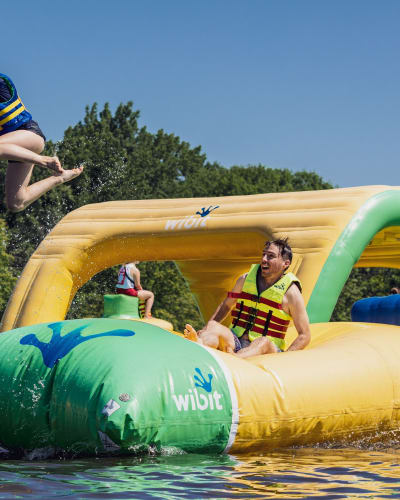 Inflatable water games at Parc Jean-Drapeau.