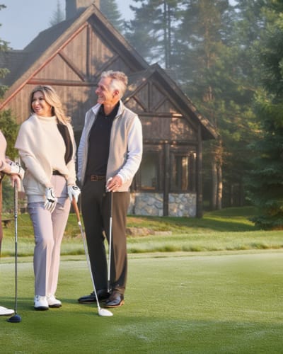 Group of people playing golf.