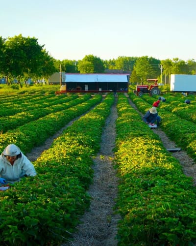 Cueilleurs dans les champs tôt le matin.