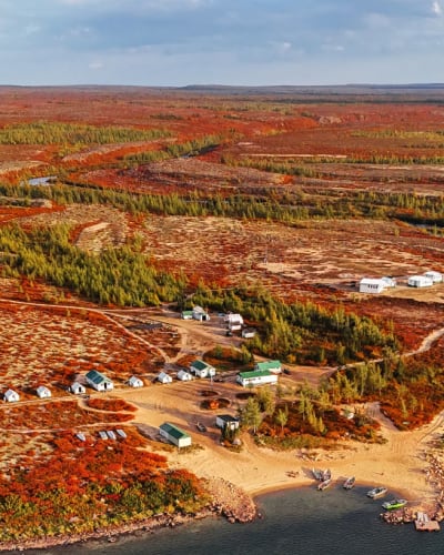 Aerial view of Leaf River Lodge/Pourvoirie Rivière aux Feuilles.