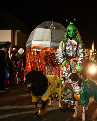 Femme costumée en extra-terrestre et 2 chiens costumés.
