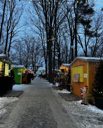 The Old Saint-Eustache Christmas Market lit up in the evening.