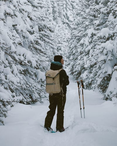 Une personne entourée de sapins enneigés au Parc national de la Gaspésie.