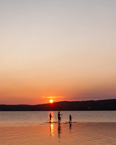 Trois personnes en planche à pagaie au coucher du soleil à la plage de Haldimand.