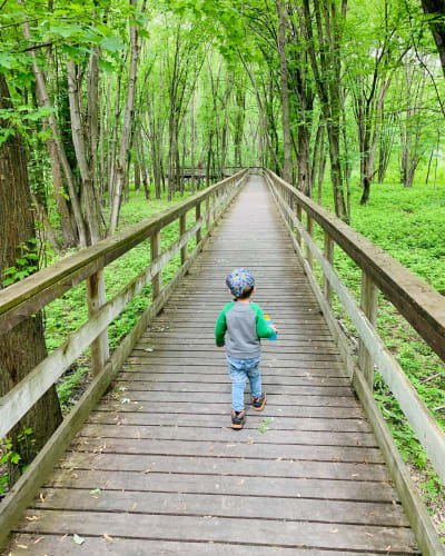 Jeune enfant marchant sur la passerelle en bois en été.