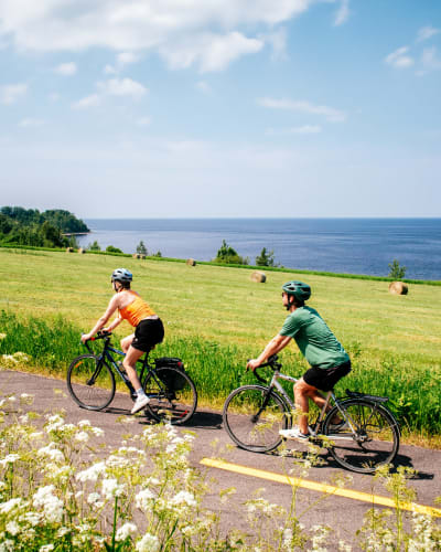 Véloroute des Bleuets - Two individuals are cycling on a bicycle path at the edge of the countryside