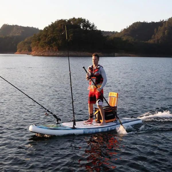 Fishing from a motorized stand-up paddleboard.