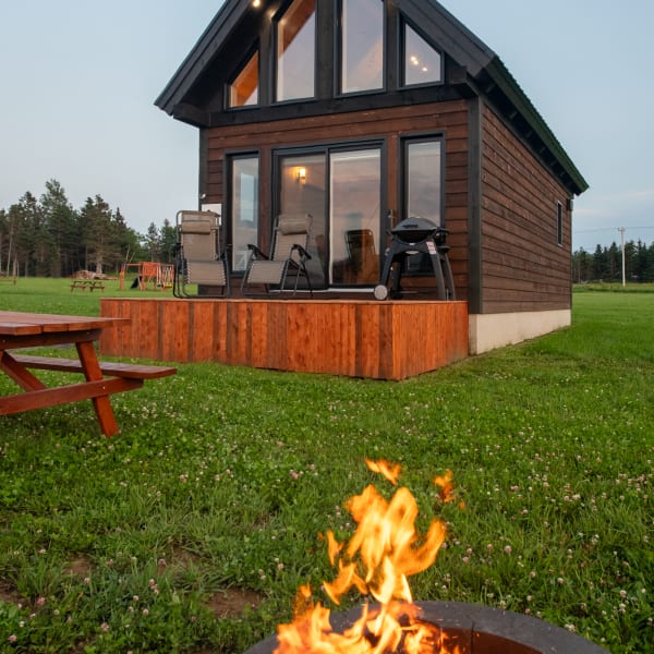 Grand chalet vitré avec feu de camp et table à picnic sur le terrain.