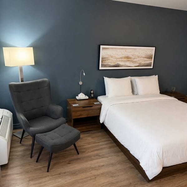 Room with double bed.