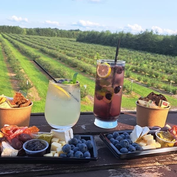 Cocktails and a charcuterie platter with a view of the fields.