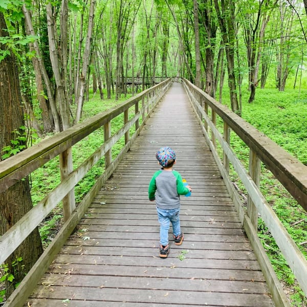 Jeune enfant marchant sur la passerelle en bois en été.