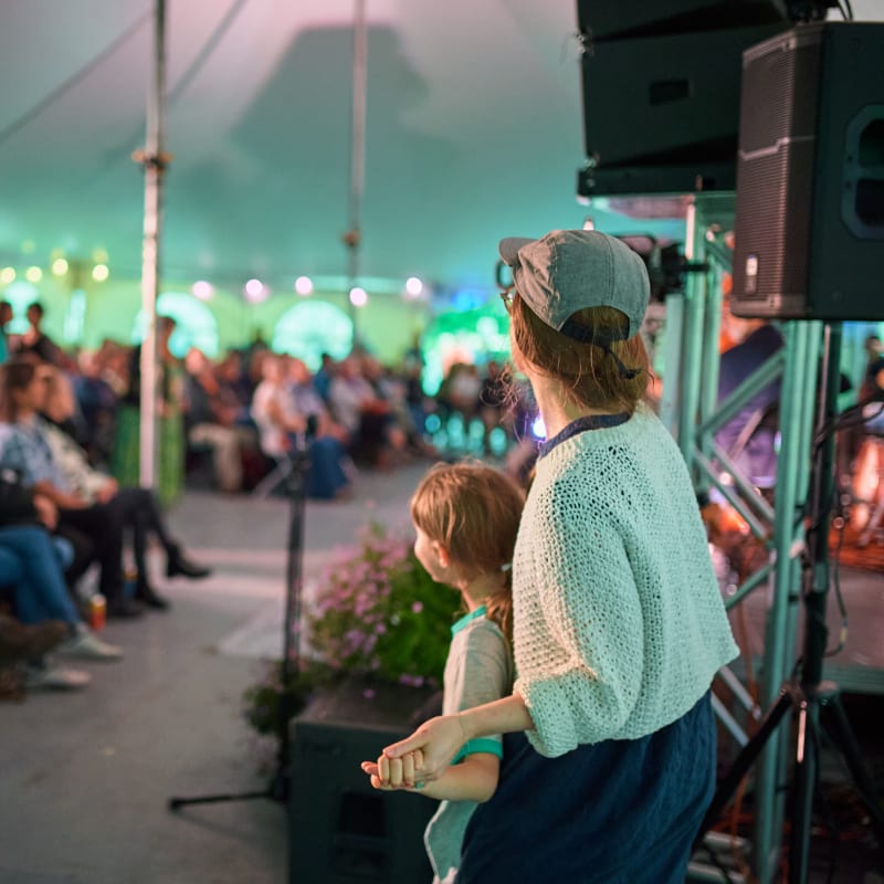 Attendees watching the show, with a mother and son in the foreground.