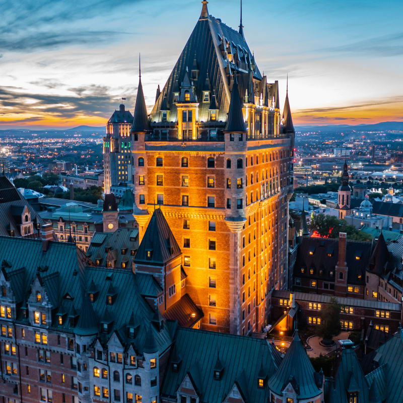 View of the Château Frontenac at dusk.