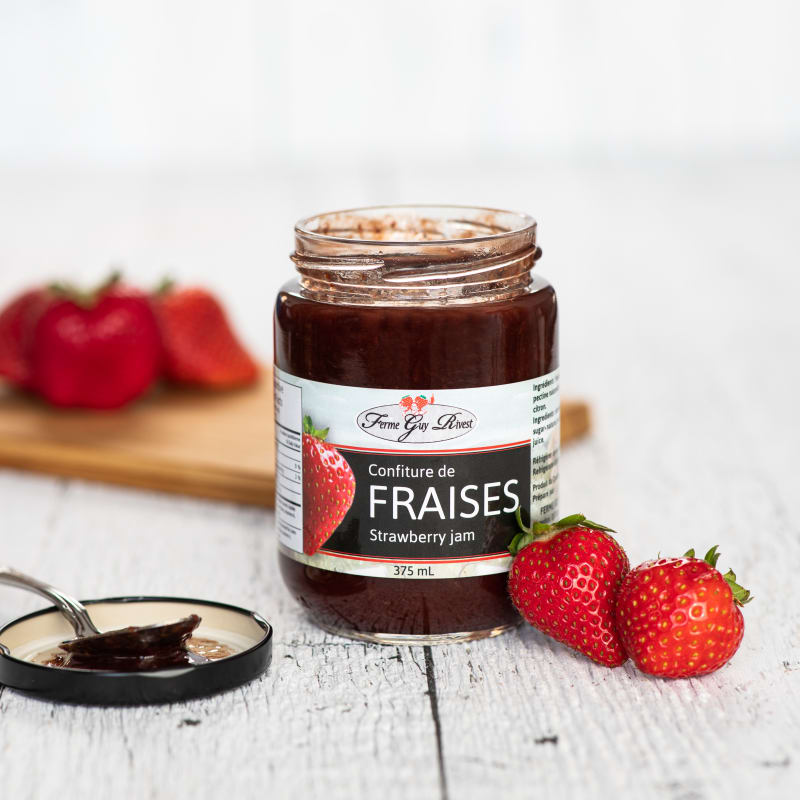 A jar of strawberry jam from Ferme Guy Rivest