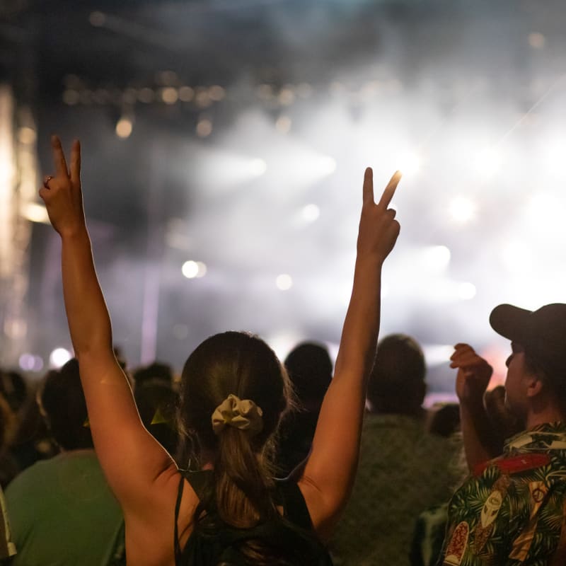 Woman raising her arms in a festive crowd at night