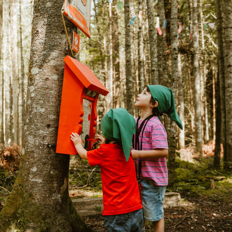 Enfants avec des chapeaux de gnomes en chasse au trésors dans la forêt.