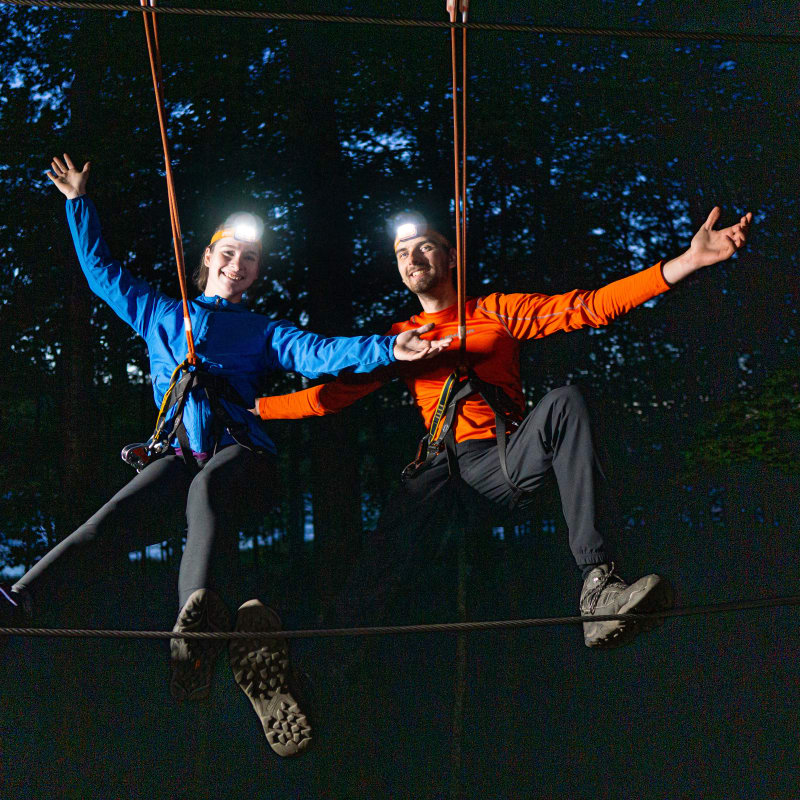 Two people on a treetop course at night.