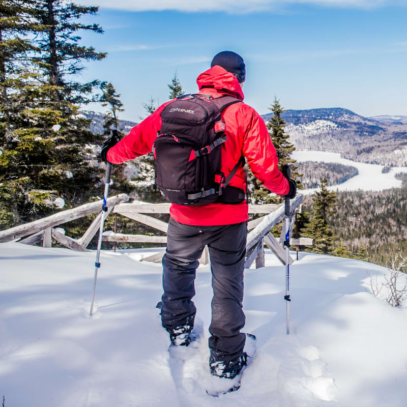 Snowshoer admiring the view at the top of snow-covered Mont Brassard.