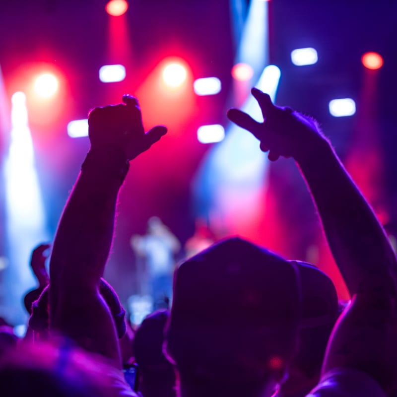Close-up shot of a festival-goer with his back to the crowd.