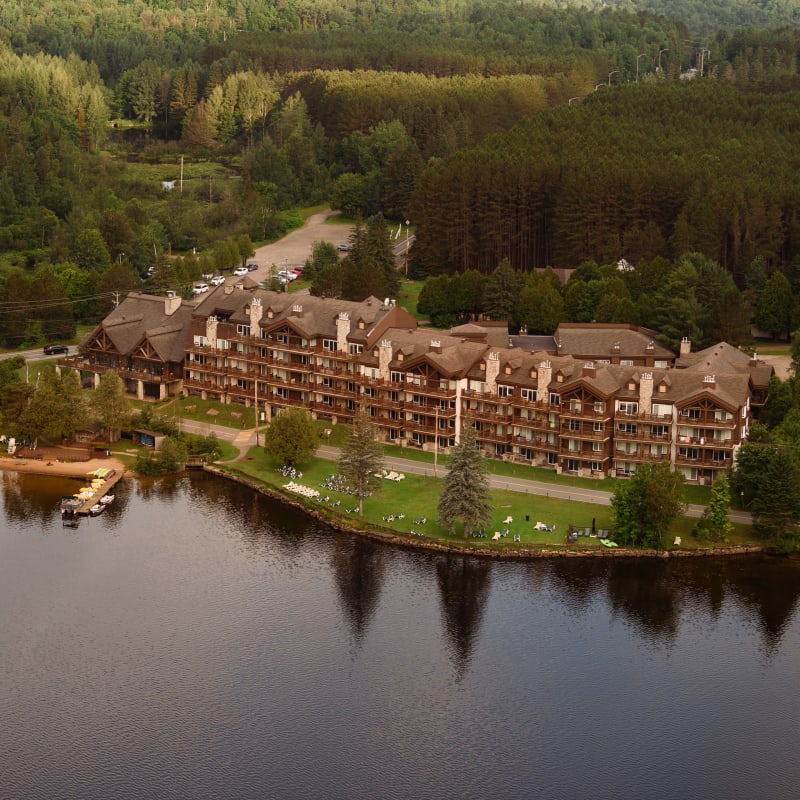 Aerial view of Grand Lodge Mont-Tremblant and the lake.