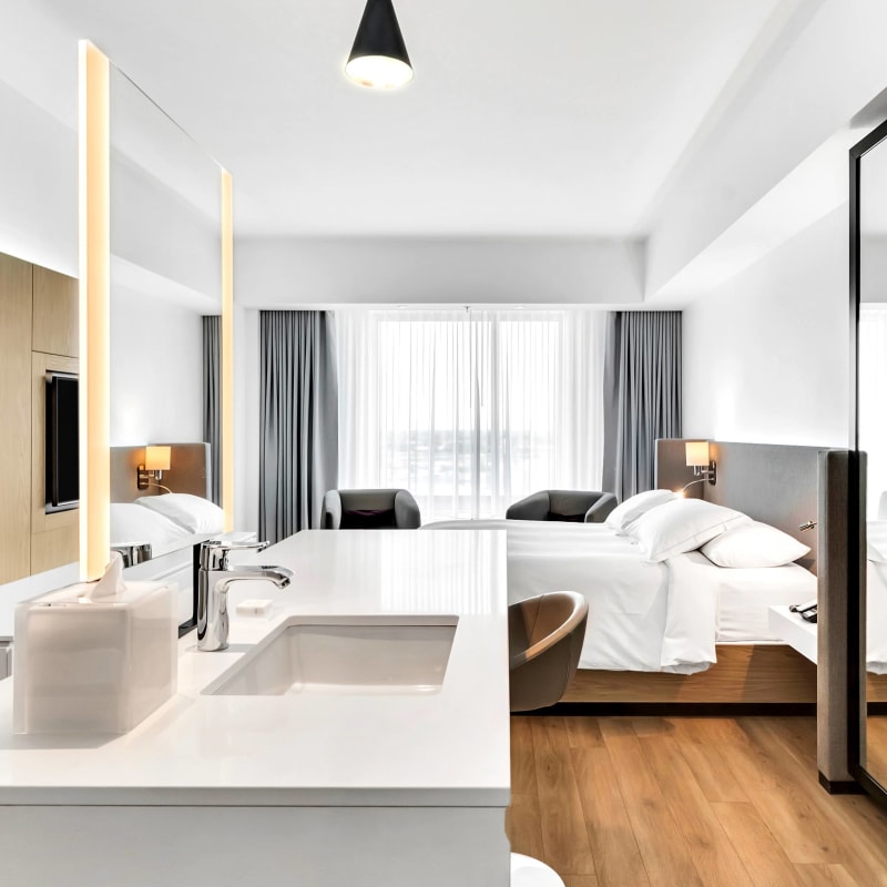 Interior of a room at Hotel Mortagne.