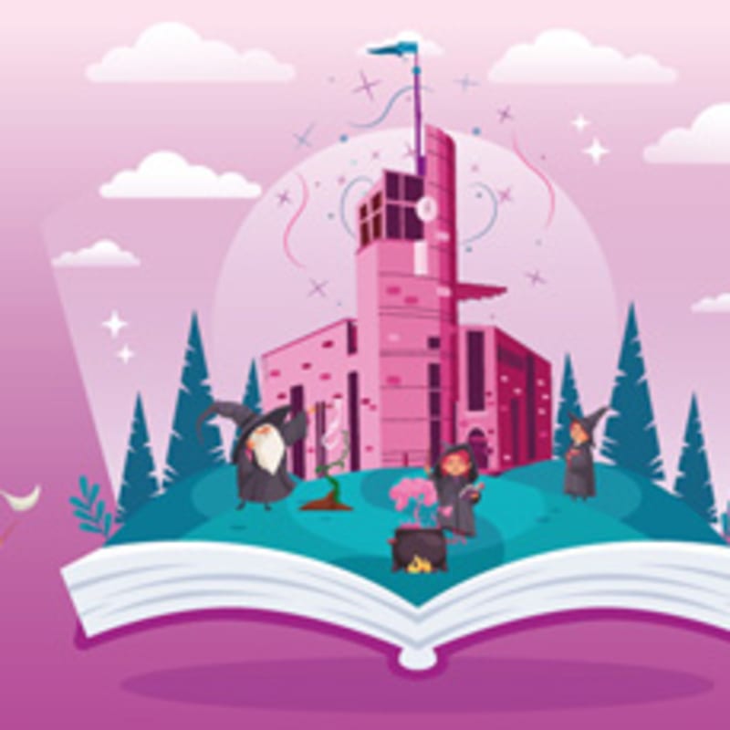 Illustration of the Pointe-à-Callière museum with witches and sorcerers around it.