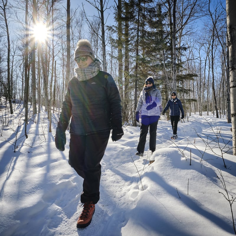 3 femmes qui marchent dans un sentier en forêt l'hiver.
