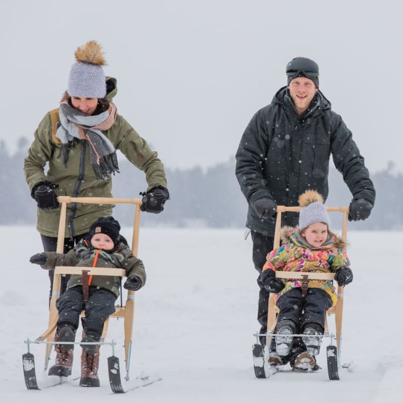 Deux parents qui poussent deux enfants dans des trottinettes sur neige.