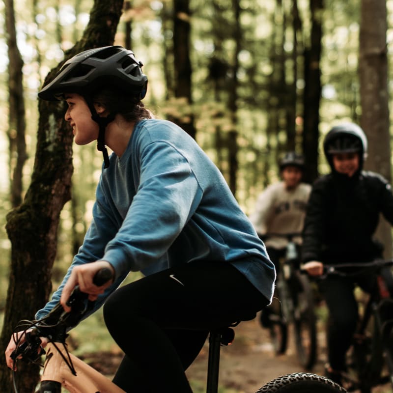 Cyclists in the woods in the regional park