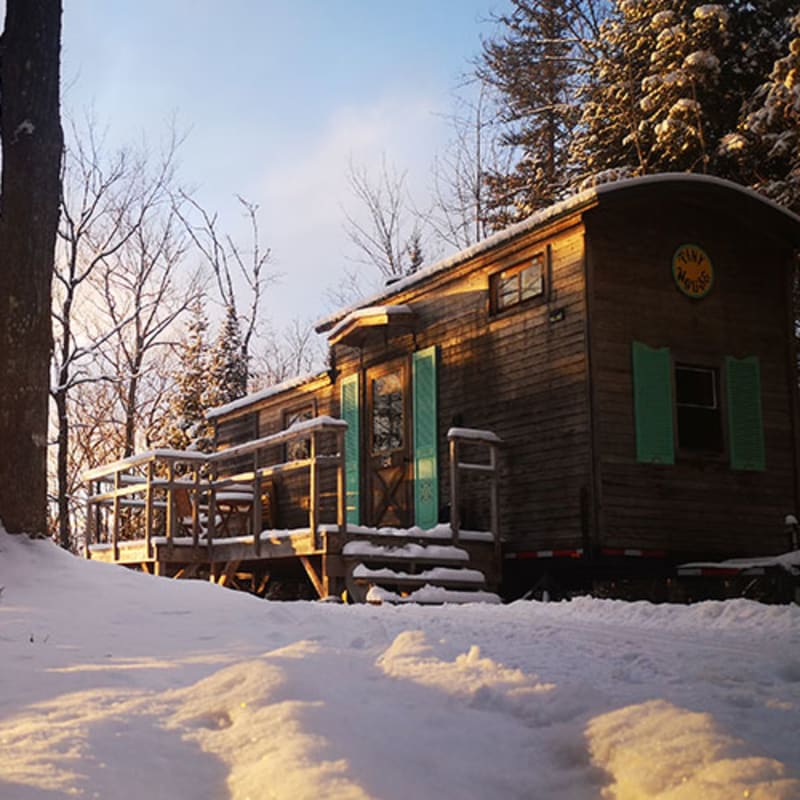 A tiny cottage in a snowy landscape under a golden natural light.