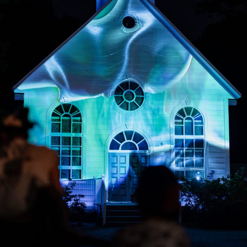 Church at night at the Village Québécois d'Antan.