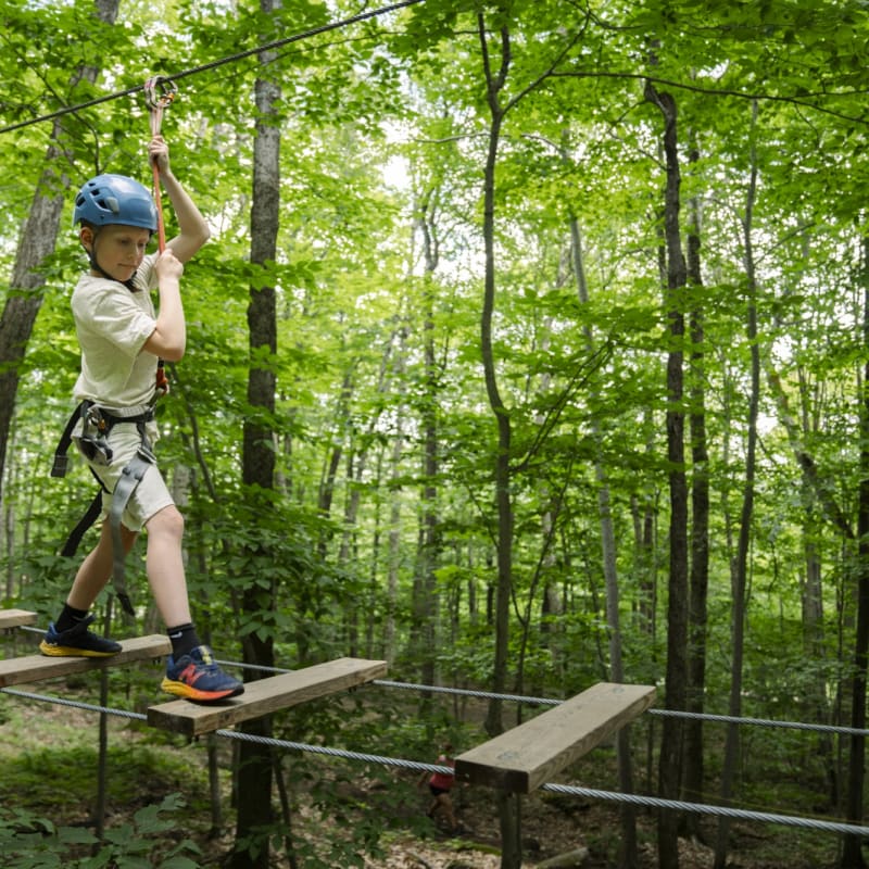 Boy on a treetop obstacle course at Station touristique Duchesnay.