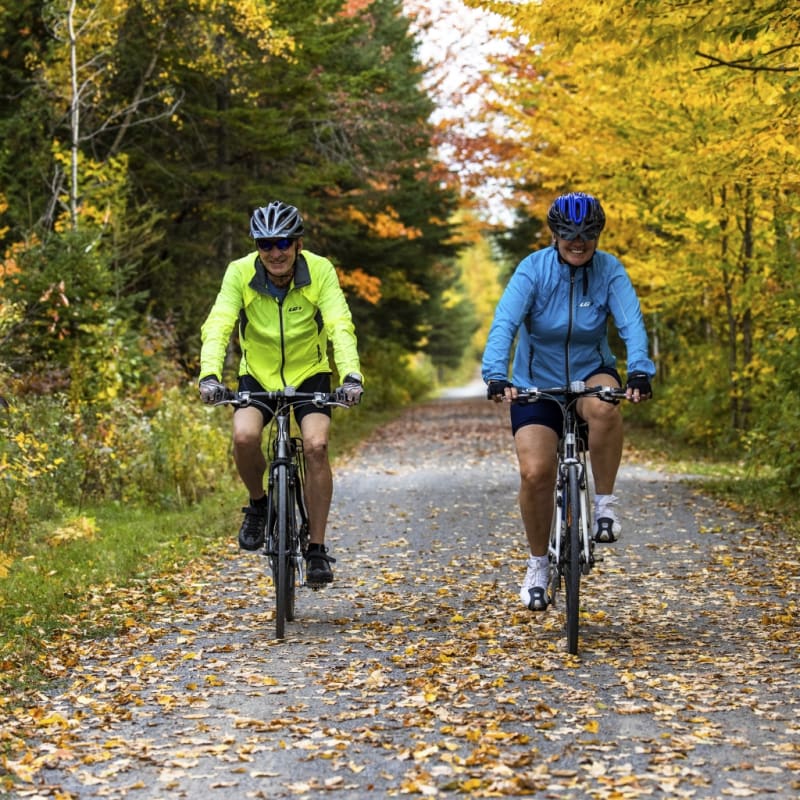 Couple on bicycles at Station touristique Duchesnay in the fall.
