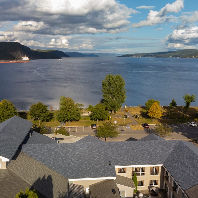 Aerial view of the hotel overlooking the fjord
