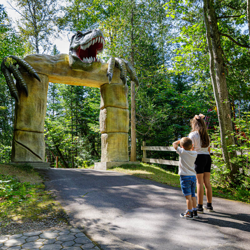 Two children in front of a door topped with a dinosaur head