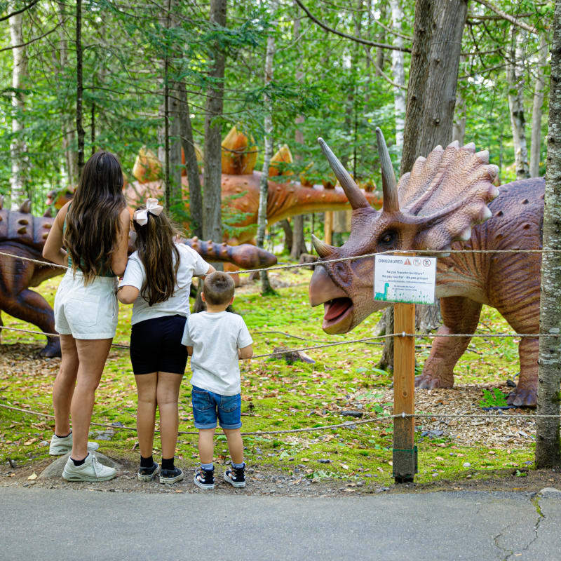 Family in front of life-size dinosaurs