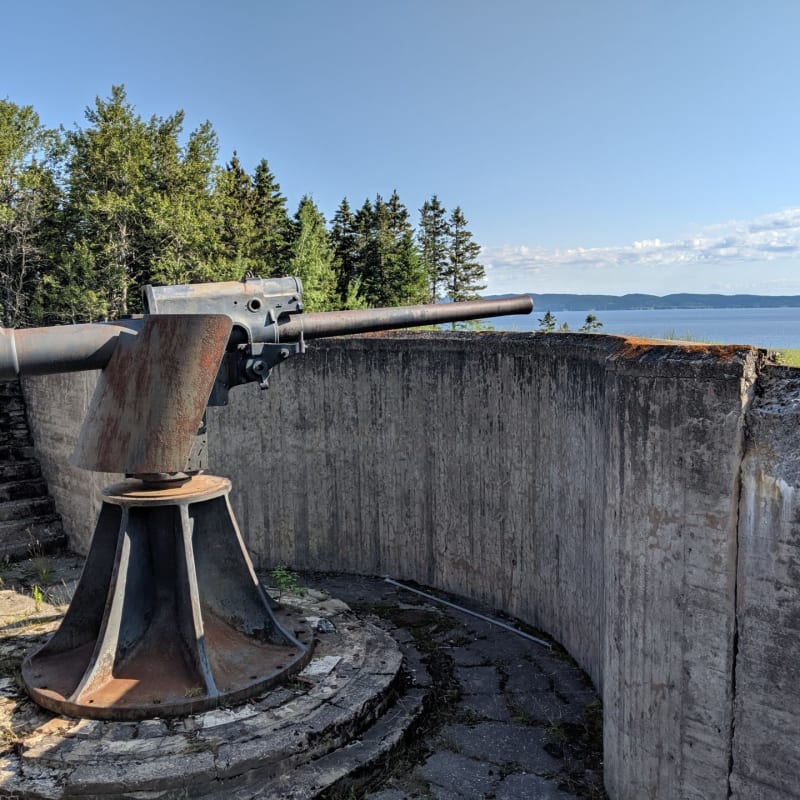 An old military cannon located near a bay.