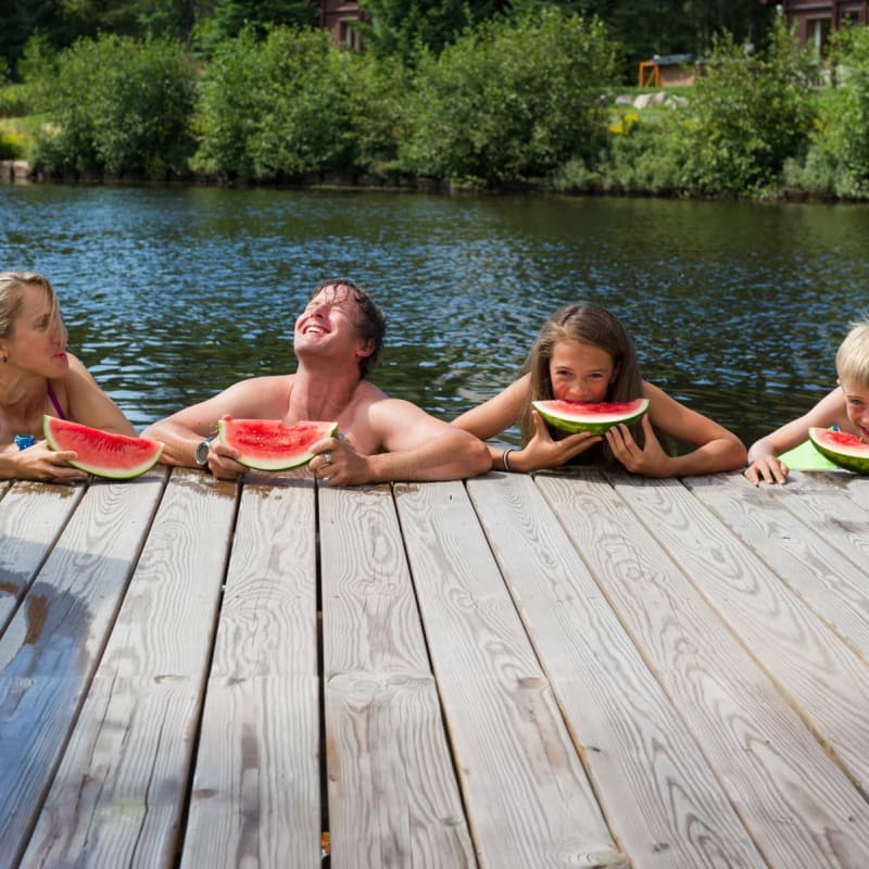 Four swimmers in the water, their arms resting on a dock, eating watermelon.