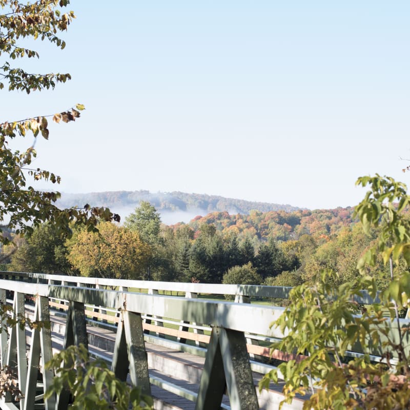Bridge over the P'tit Train du Nord bike path in autumn