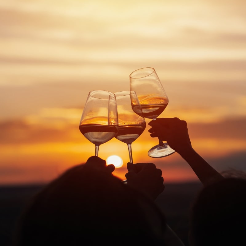 Three glasses of wine raised before a sunset