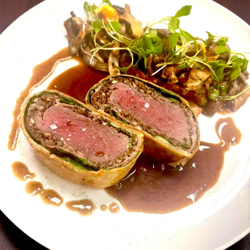 A beautifully presented plate of venison Wellington. 